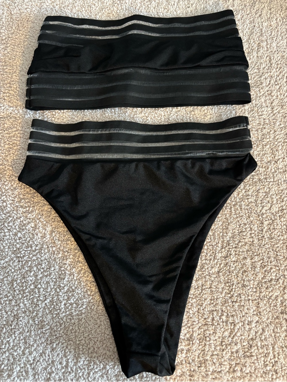 Boohoo Black High Waist Bikini Set with Sheer Stripe Detail